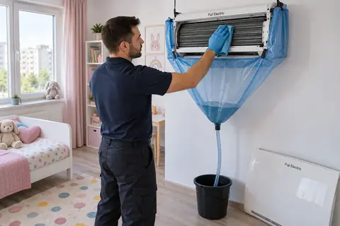 Curatarea unui aparat de aer conditionat Fuji Electric cu husa si sac de colectare, in Bucuresti